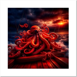 Octopus on a boat on a scary night Posters and Art